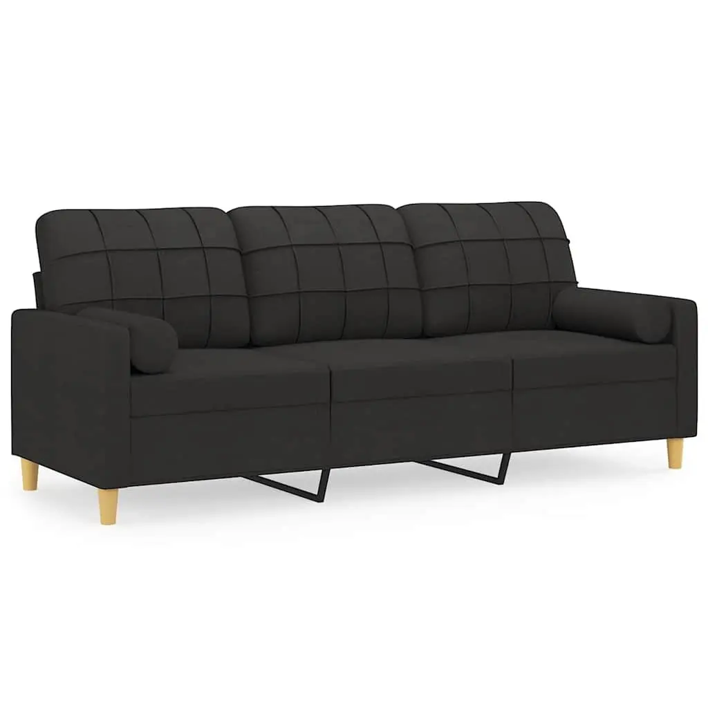 3-Seater Sofa Black Fabric 180cm Modern Lounge Couch with Throw Pillows