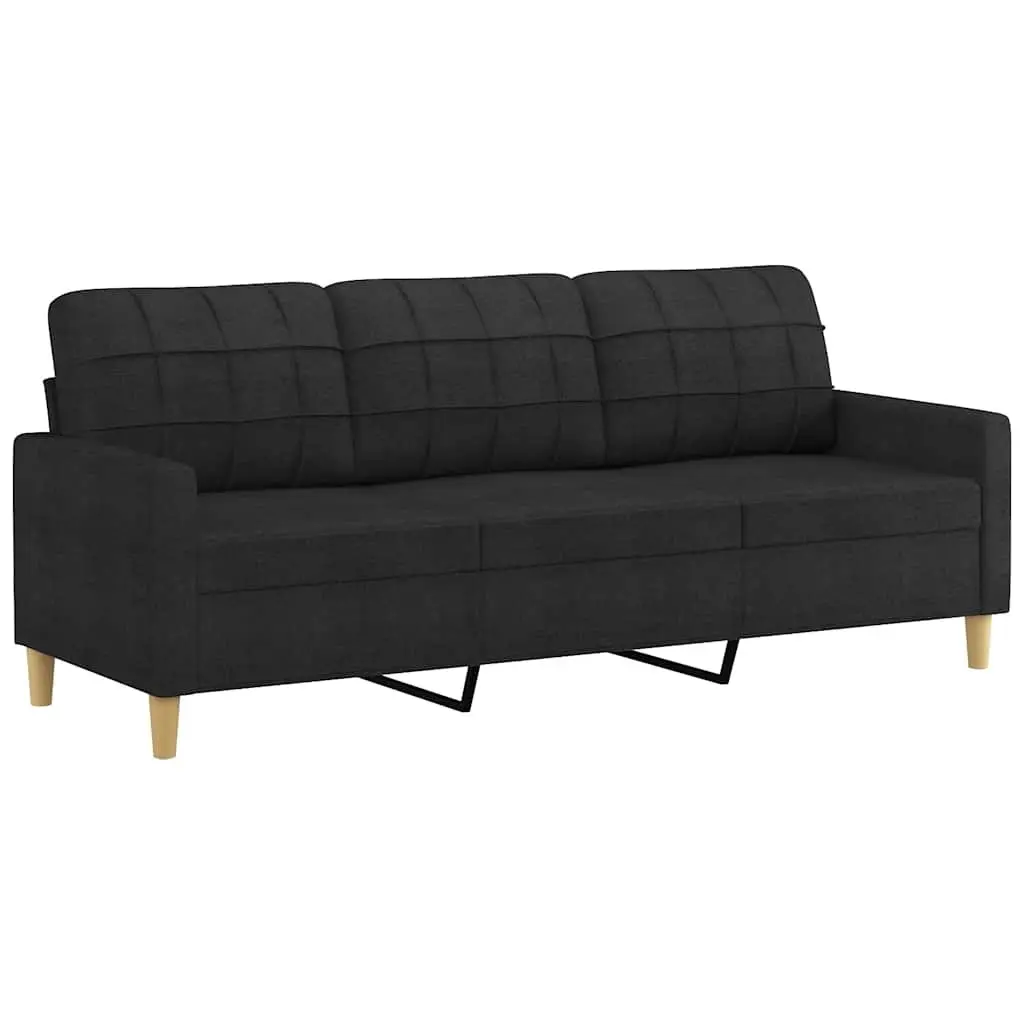 3-Seater Sofa Black Fabric 180cm Modern Lounge Couch with Throw Pillows