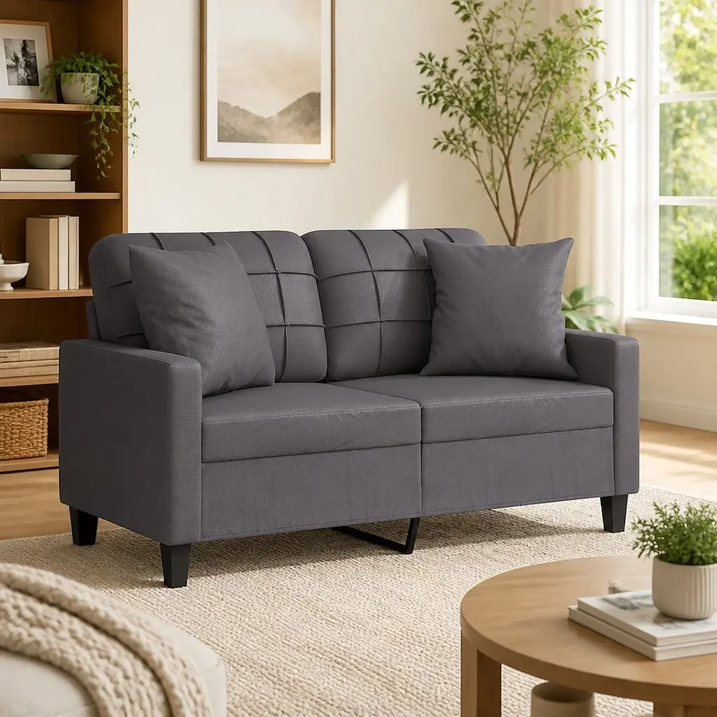 2-Seater Sofa Grey Faux Leather 120cm Modern Lounge Couch with Throw Pillows