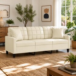 Compact 3-Seater Cream Faux Leather Sofa with Pillows