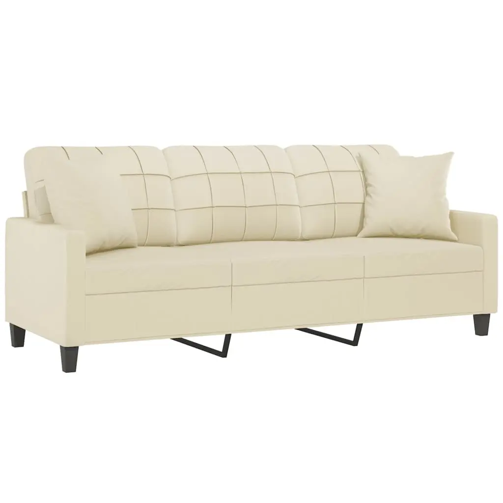 3-Seater Sofa Cream 180cm Faux Leather Couch with Throw Pillows Living Room
