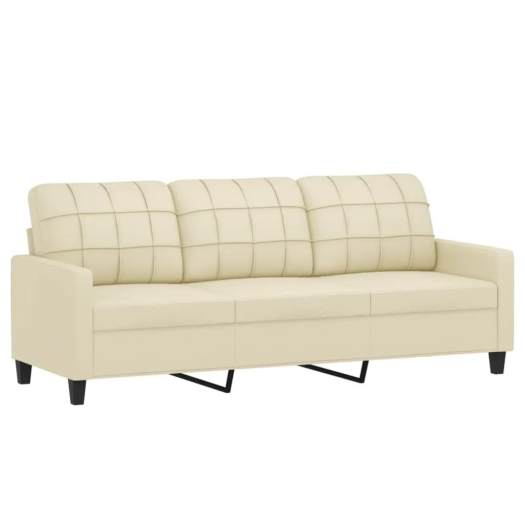3-Seater Sofa Cream 180cm Faux Leather Couch with Throw Pillows Living Room