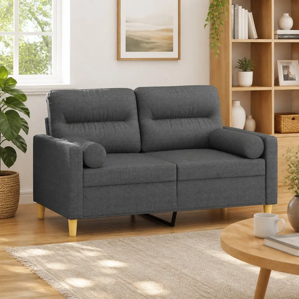 2-Seater Sofa Grey Fabric 120cm Modern Lounge Couch with Throw Pillows