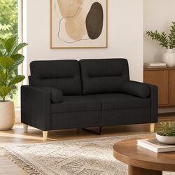 2-Seater Sofa Black Fabric Modern Lounge Couch with Throw Pillows 120cm