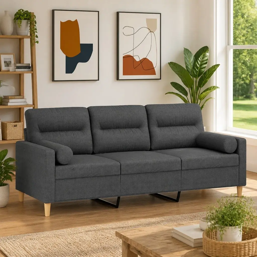 3 Seater Couch Dark Grey Fabric 180cm Modern Lounge Sofa with Removable Throw Pillows