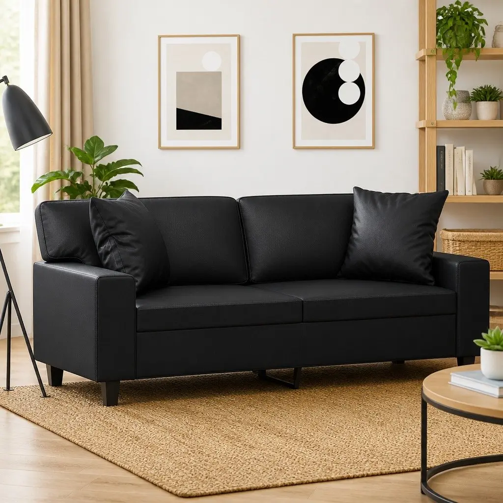 2-Seater Sofa Black Faux Leather 140cm Modern Lounge Couch with Throw Pillows