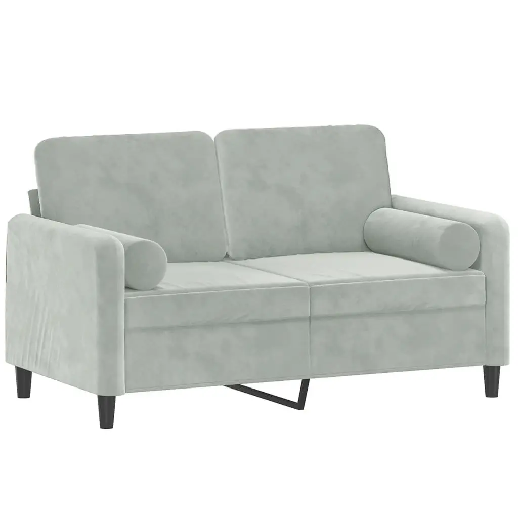 2-Seater Sofa Light Grey Velvet Modern Couch with Throw Pillows