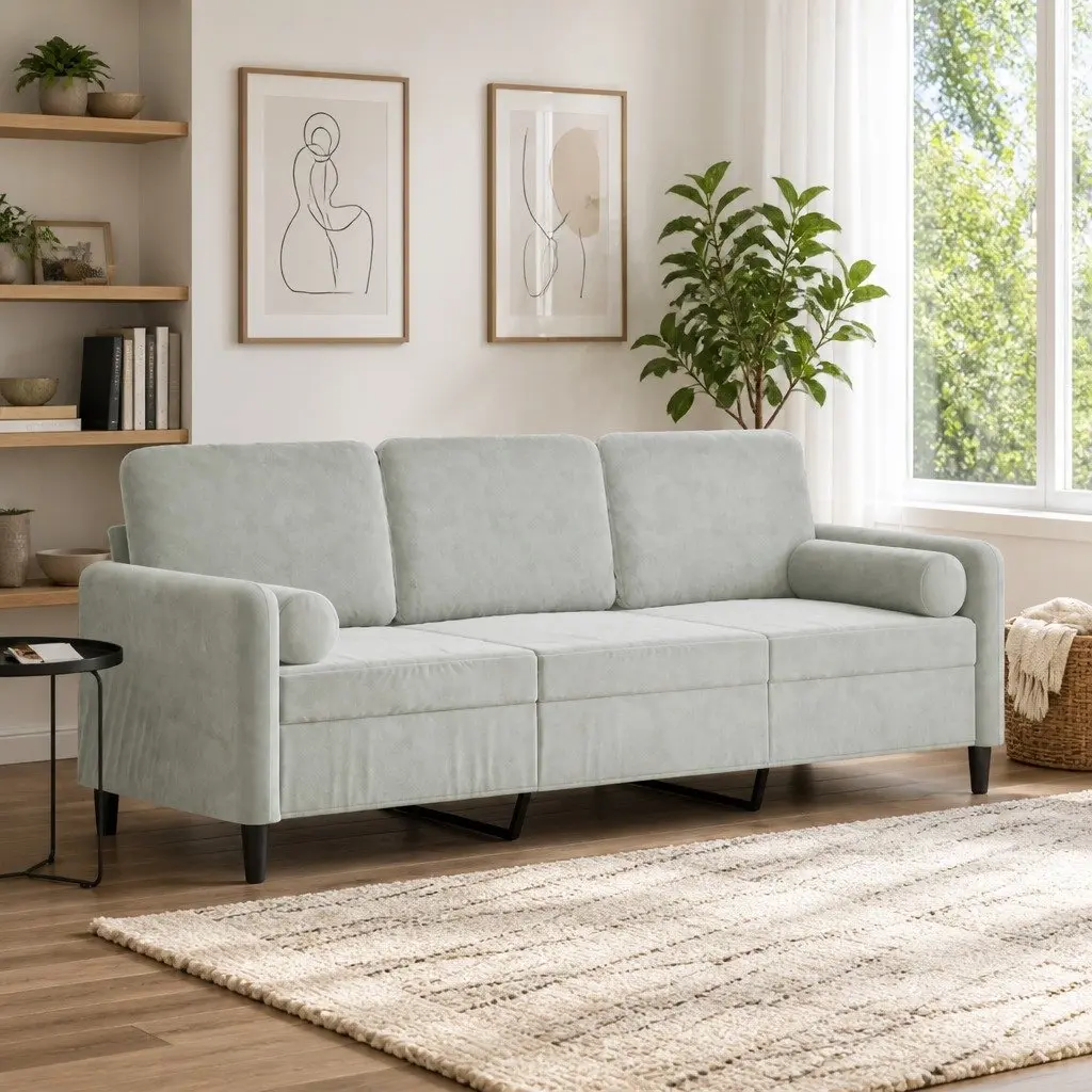 3-Seater Sofa Grey 180cm Velvet Modern Lounge Couch with Throw Pillows