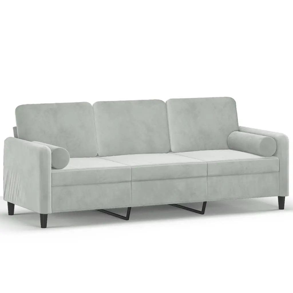 3-Seater Sofa Grey 180cm Velvet Modern Lounge Couch with Throw Pillows
