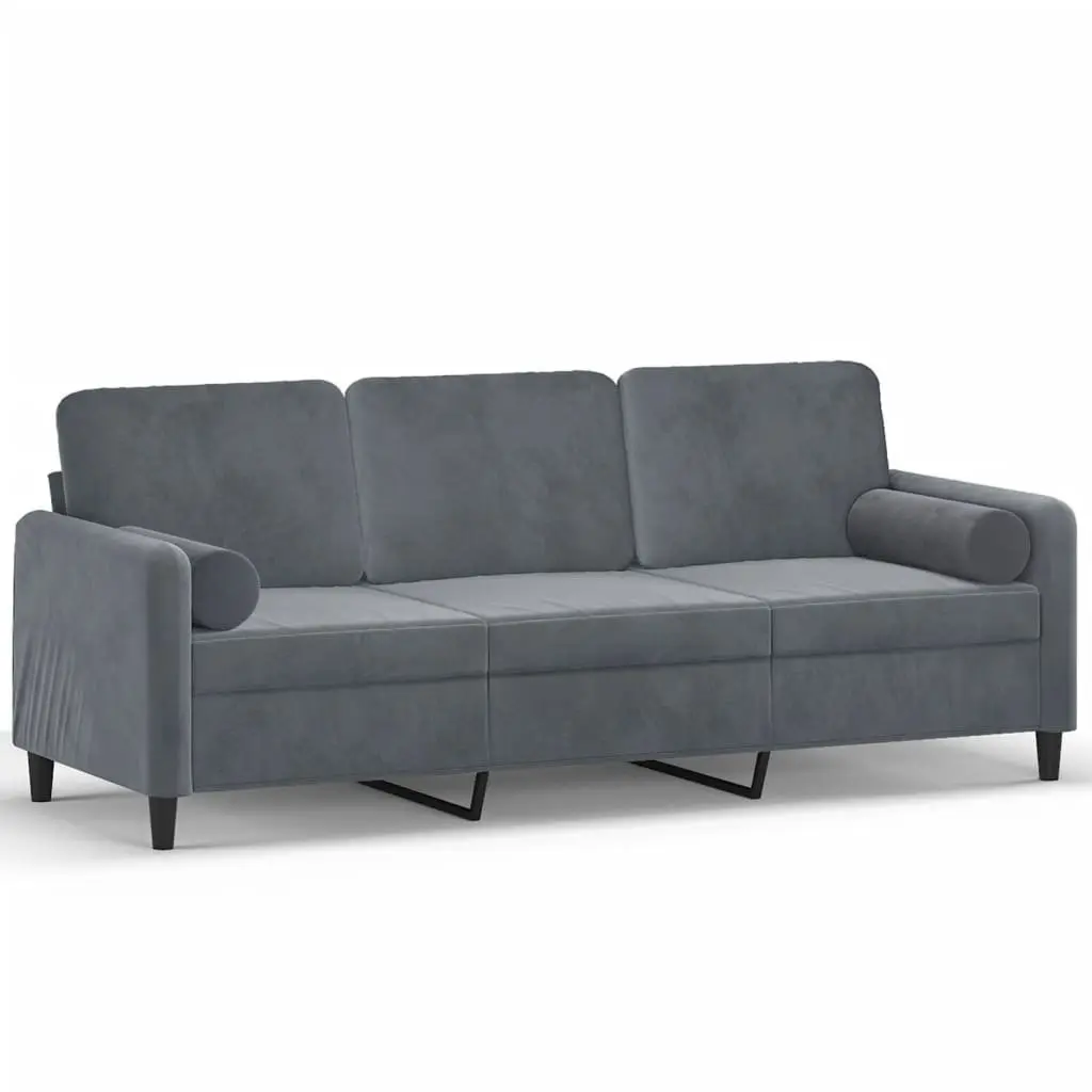 3-Seater Sofa Grey Velvet Modern Living Room Lounge Couch with Throw Pillows