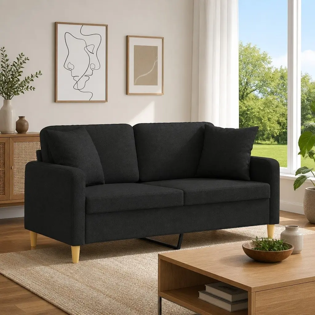 2-Seater Sofa Black Fabric 140cm Modern Lounge Couch with Throw Pillows