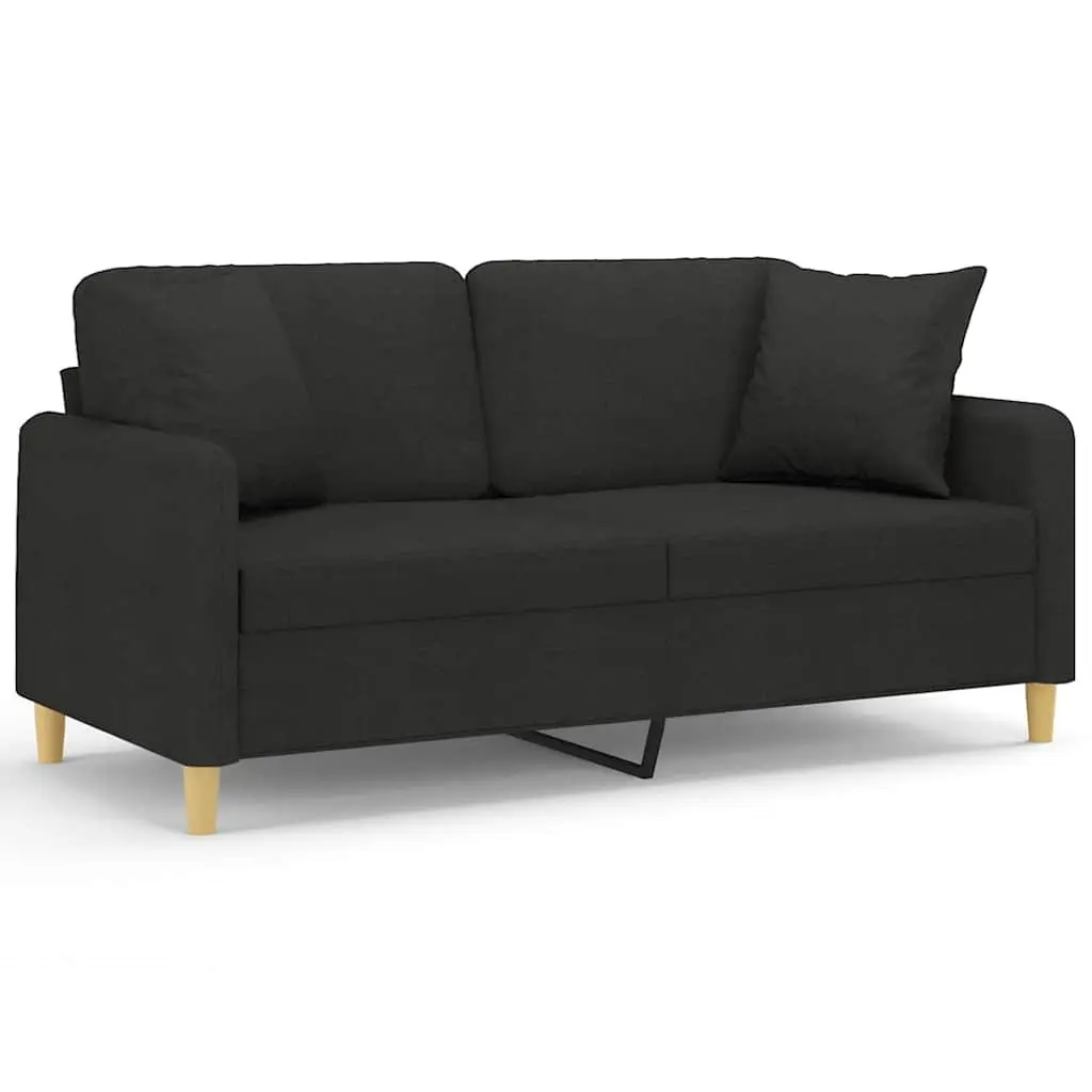 2-Seater Sofa Black Fabric 140cm Modern Lounge Couch with Throw Pillows