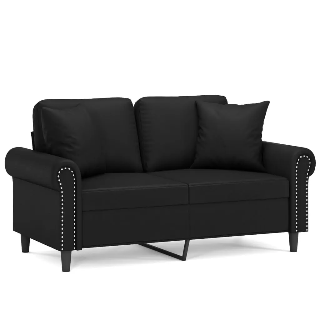2-Seater Sofa Black Faux Leather 120cm Modern Lounge with Throw Pillows