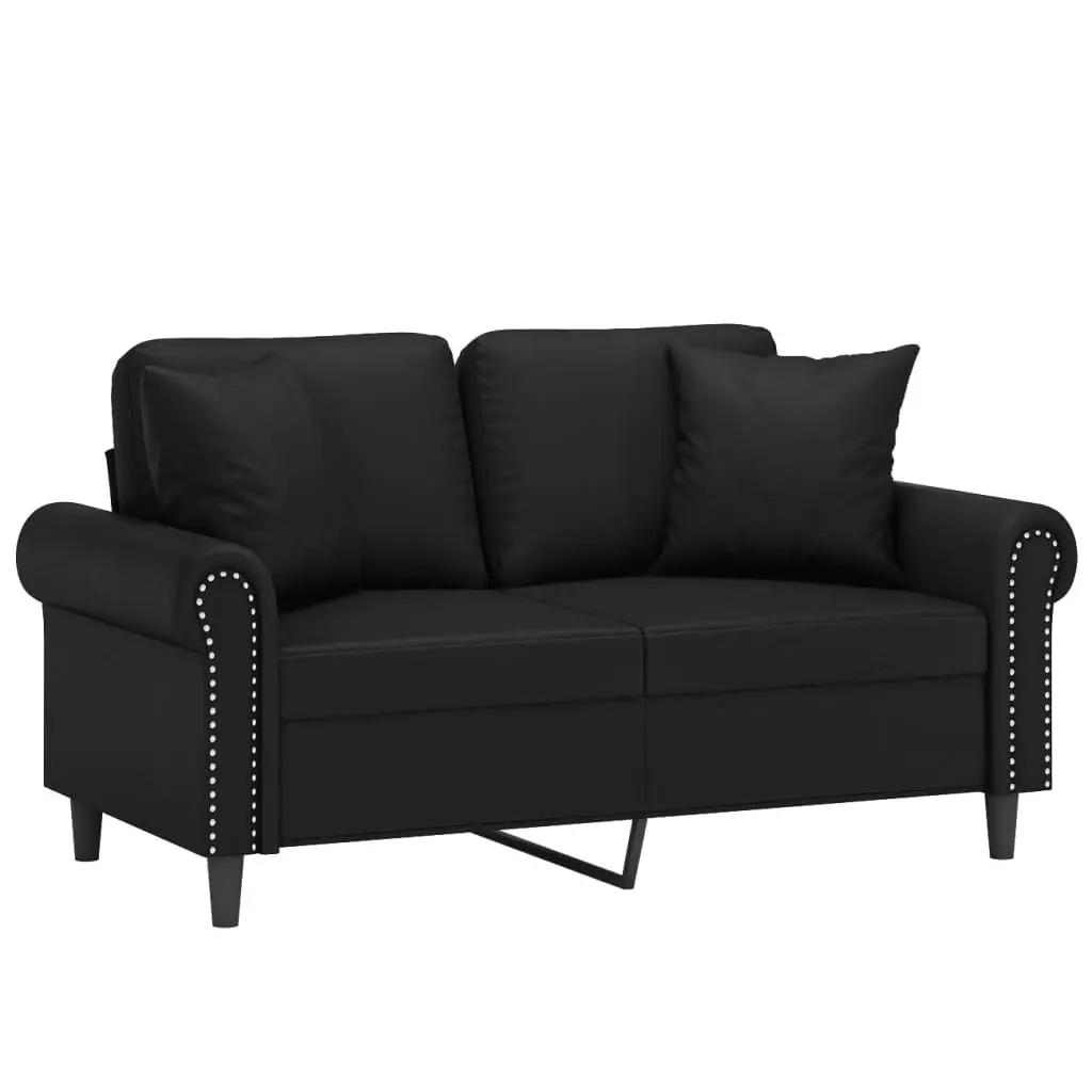2-Seater Sofa Black Faux Leather 120cm Modern Lounge with Throw Pillows