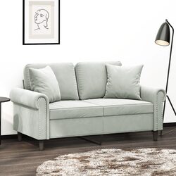 2-Seater Sofa Grey Velvet Modern Lounge Couch with Throw Pillows 120cm Living