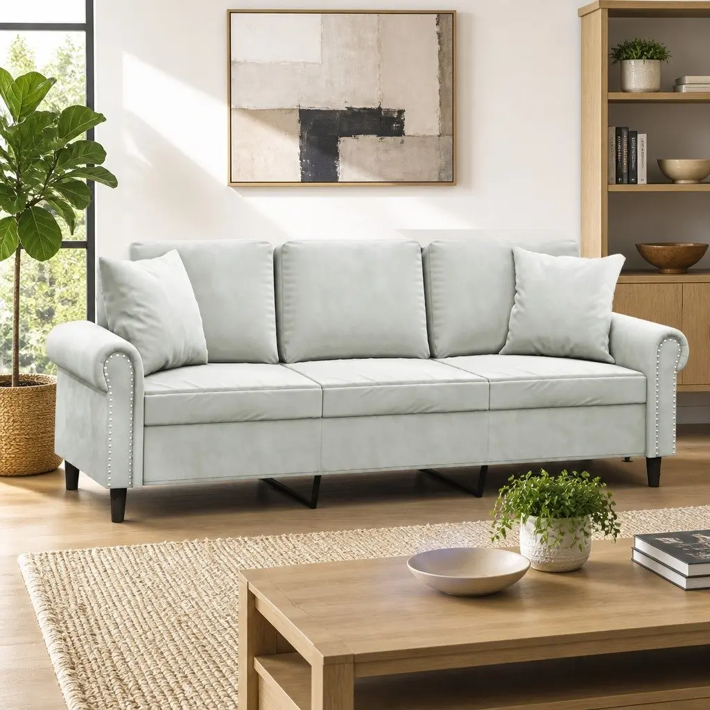 3-Seater Sofa Light Grey Velvet 180cm with Throw Pillows Lounge Living Room