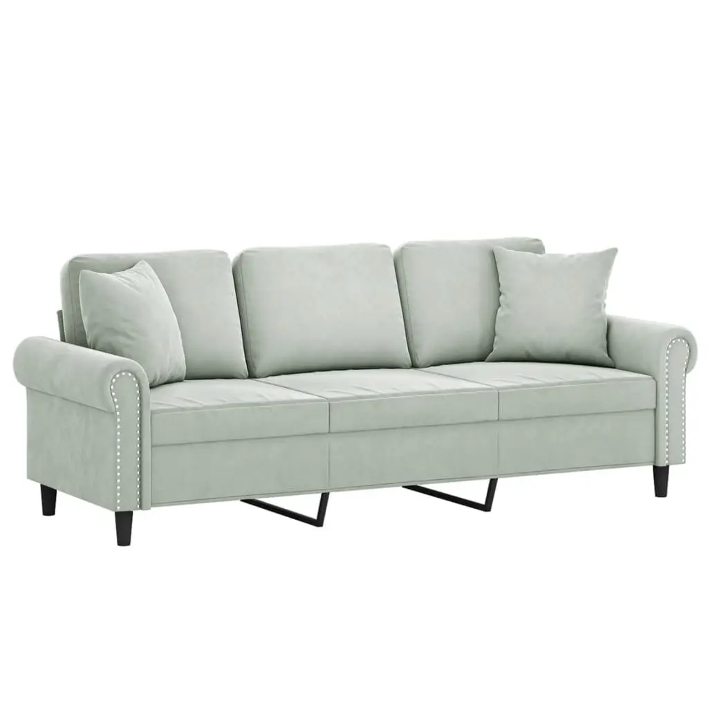 3-Seater Sofa Light Grey Velvet 180cm with Throw Pillows Lounge Living Room