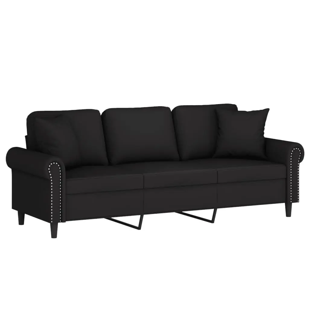 3-Seater Sofa Black 180cm Modern Lounge Velvet Couch with Throw Pillows