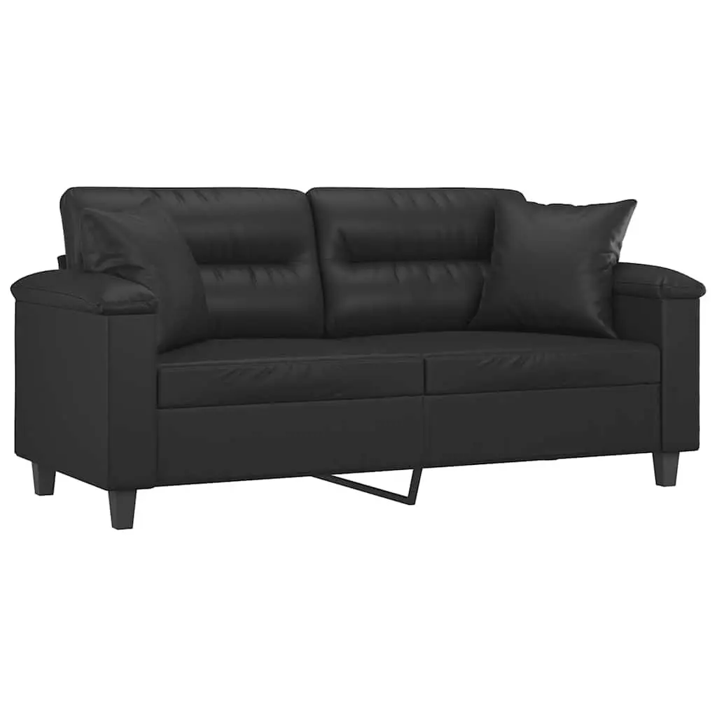 2-Seater Sofa Black Faux Leather 140cm Modern Lounge Couch with Throw Pillows