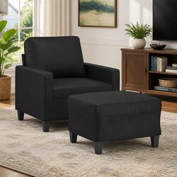 Sleek Sofa Chair and Footstool Set in Faux Leather