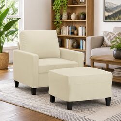Sofa Chair with Footstool Cream Faux Leather Lounge Seat Armchair Relax Read
