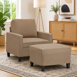 Sofa Chair with Footstool in Brown Faux Leather