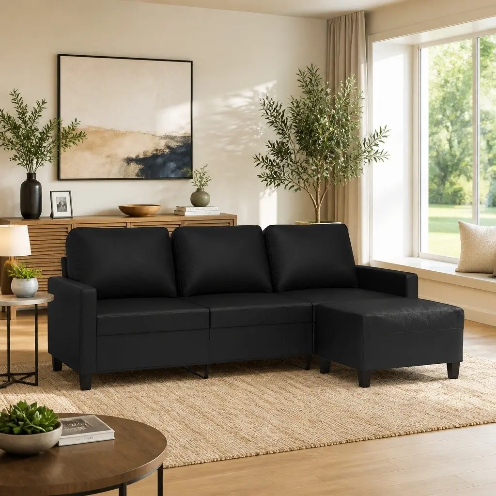 3-Seater Sofa Black Faux Leather 180cm Thickly Padded Seats with Footstool