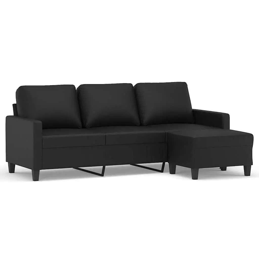 3-Seater Sofa Black Faux Leather 180cm Thickly Padded Seats with Footstool