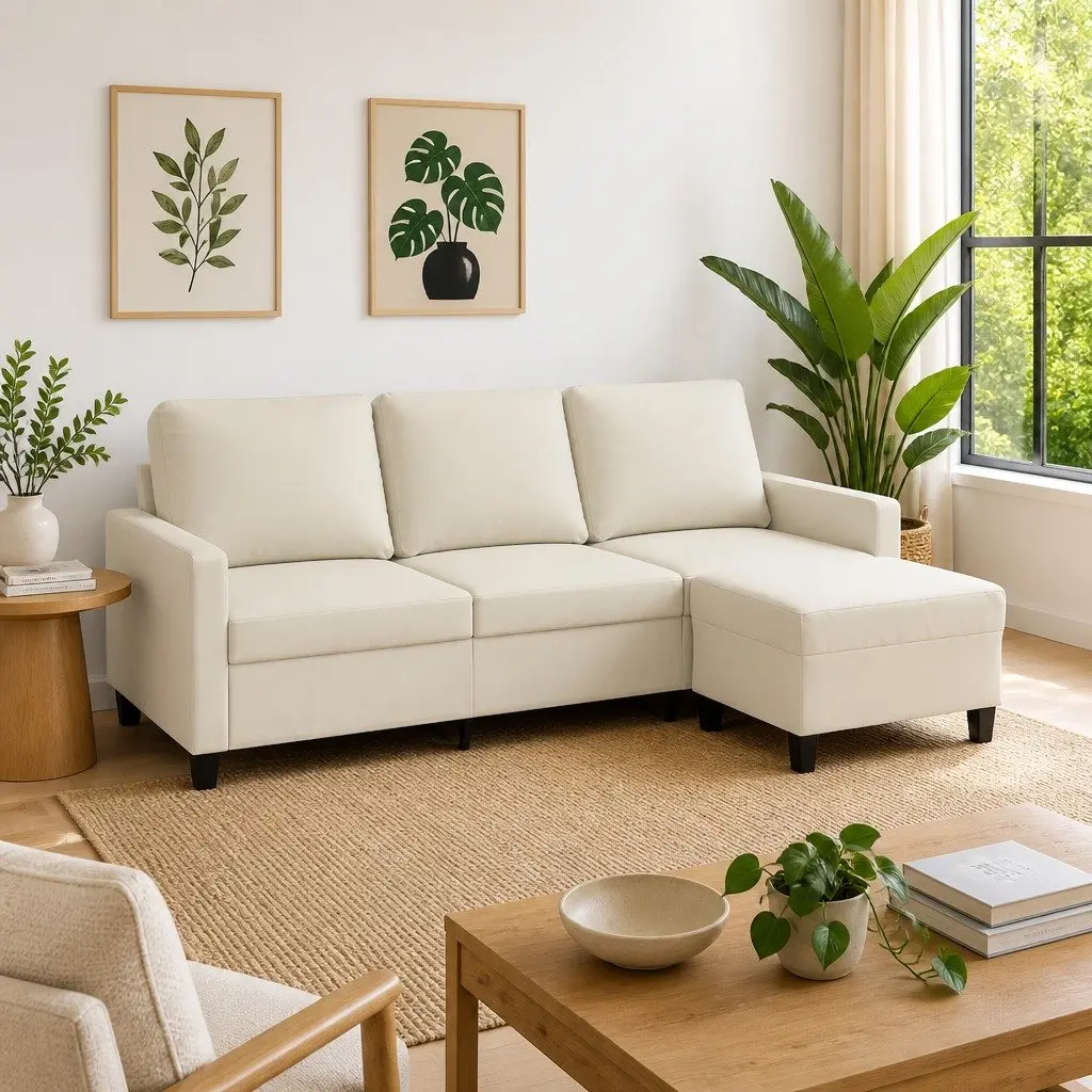 3-Seater Sofa Cream 180cm Faux Leather Upholstery with Footstool