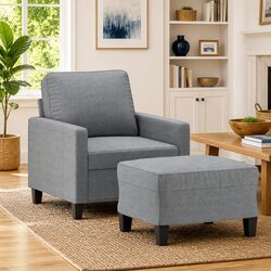 Sofa Chair with Footstool Grey Fabric Armchair Lounge Seat Living Room Furniture