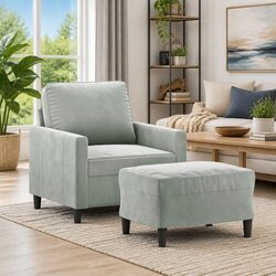 Sleek Grey Velvet Sofa Chair with Footstool Combo