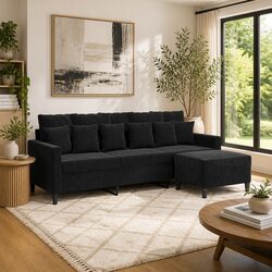 3-Seater Sofa with Footstool Black 180cm Velvet Living Room Furniture