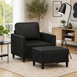 Sofa Chair with Footstool Black Faux Leather Armchair Living Room Seating