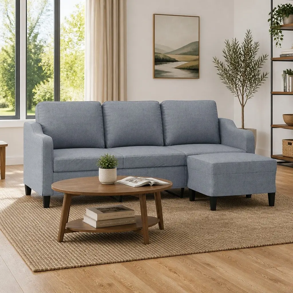 3-Seater Sofa with Footstool Grey Fabric Living Room Lounge Suite 180cm