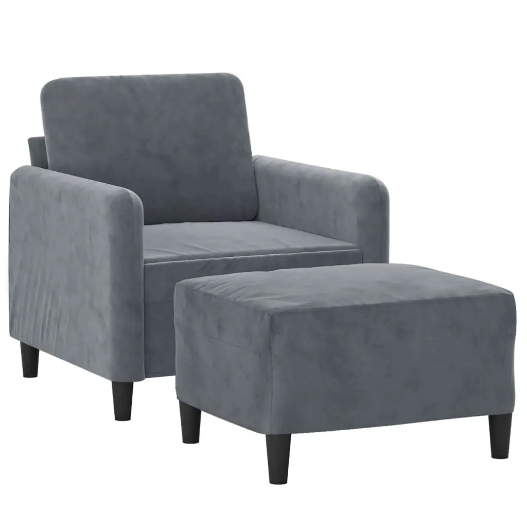 Sofa Chair with Footstool Grey Velvet Compact Armchair Living Room Furniture