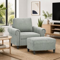 Grey Velvet Sofa Chair Set with Footstool