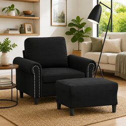 Sofa Chair with Footstool Black Velvet Accent Armchair Padded Seat Living Room
