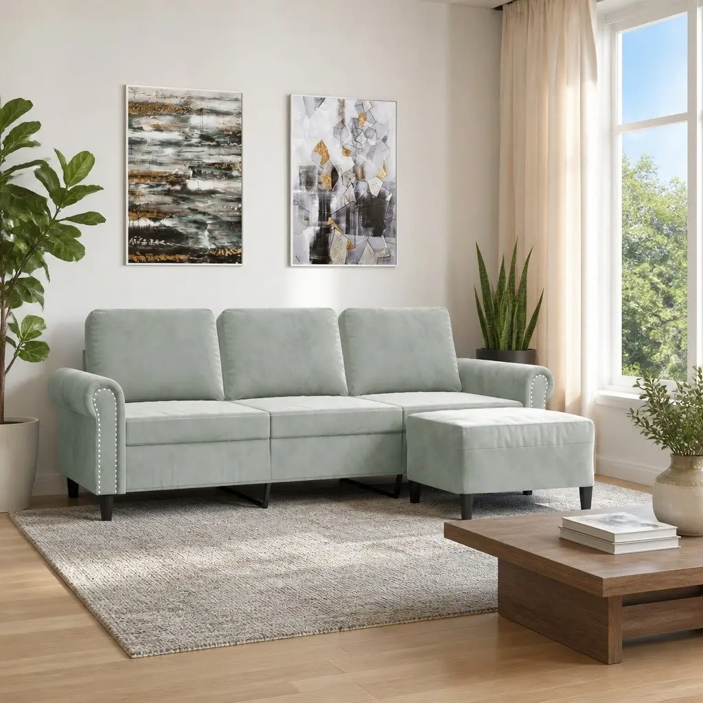 3-Seater Sofa Grey Velvet 180cm Soft Upholstery Sturdy Frame