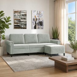 Compact 3-Seater Sofa with Footstool in Grey Velvet