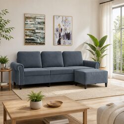 Compact 3-Seater Sofa and Footstool in Grey Velvet