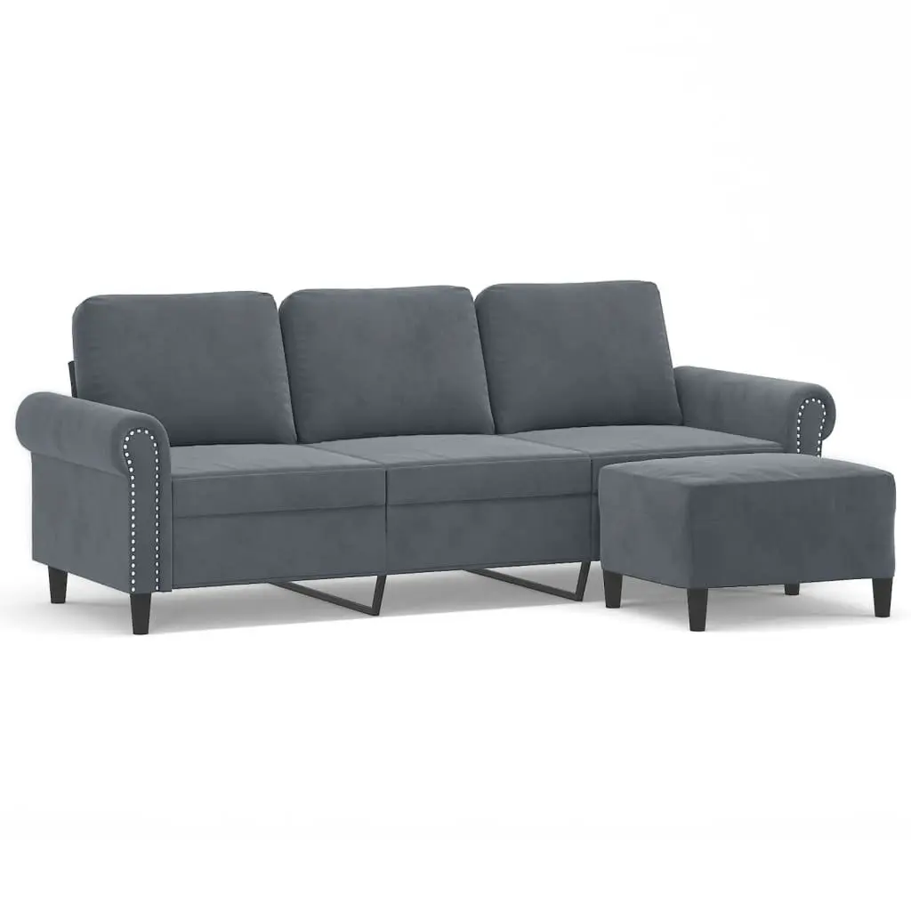 3 Seater Dark Grey Velvet Sofa 180cm with Footstool for Living Room Furniture