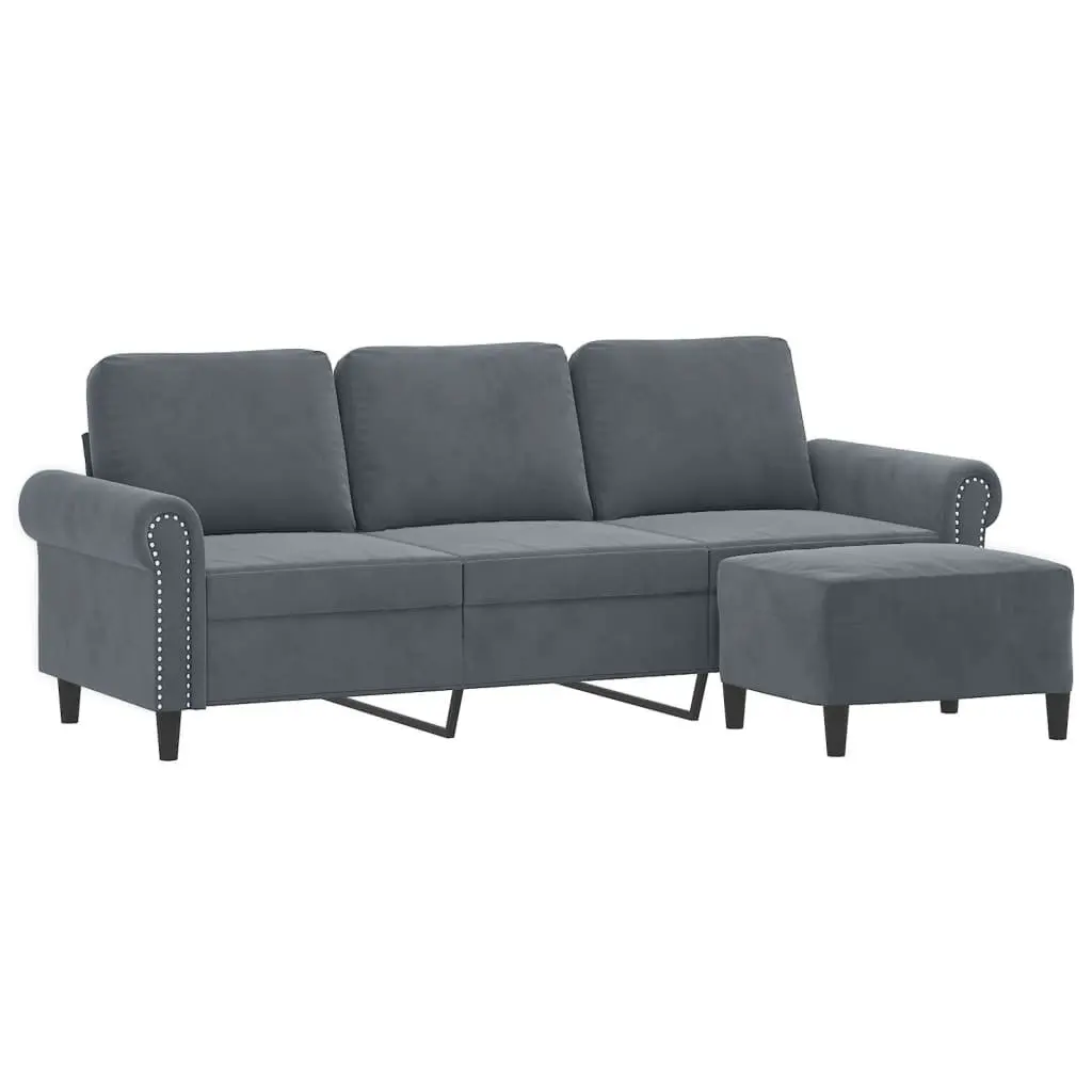 3 Seater Dark Grey Velvet Sofa 180cm with Footstool for Living Room Furniture