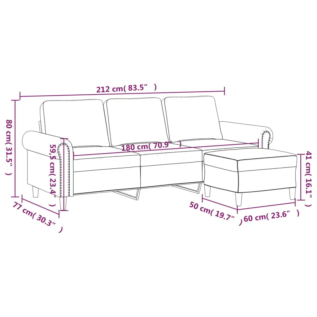 3 Seater Dark Grey Velvet Sofa 180cm with Footstool for Living Room Furniture