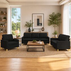 3 Piece Sofa Set Black Fabric Living Room Furniture Lounge Couch with Cushions