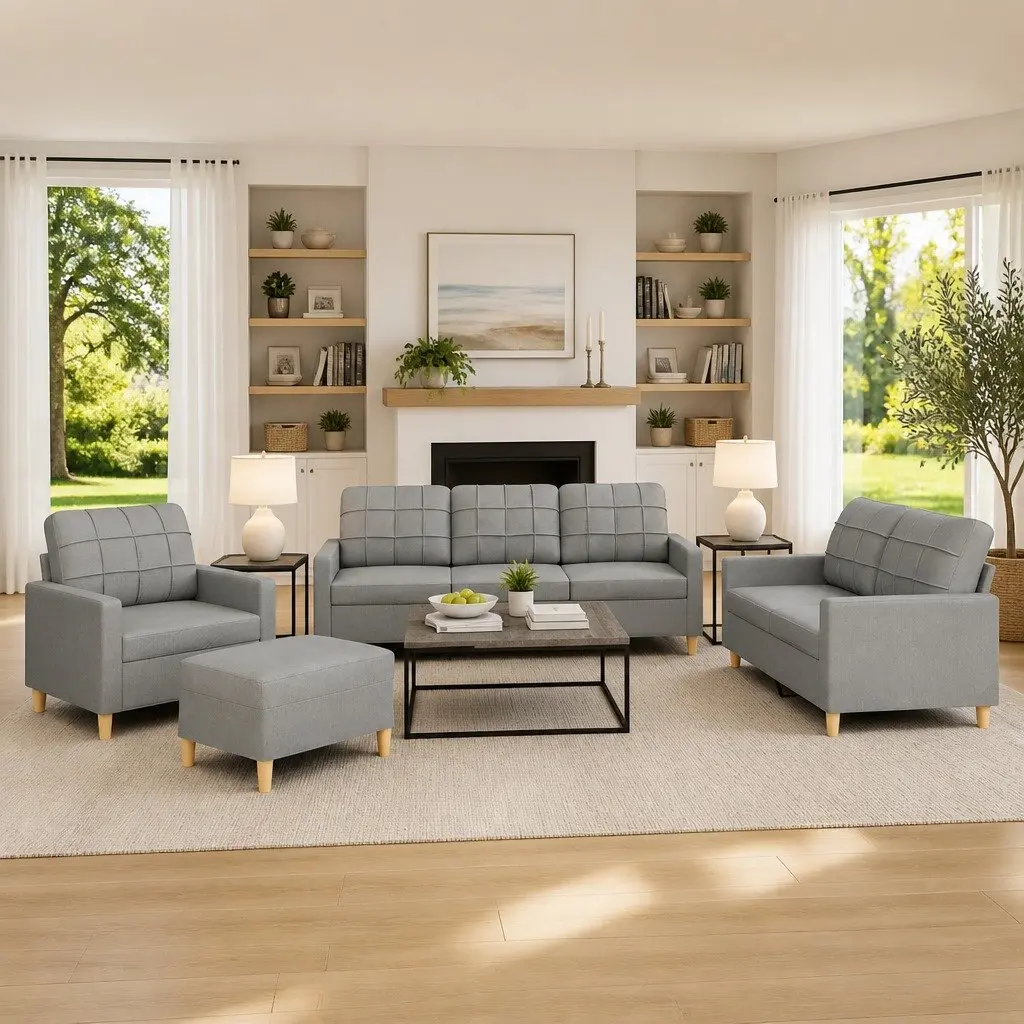 4 Piece Lounge Suite Grey Fabric Sofa Set with Cushions and Footstool for Living Room