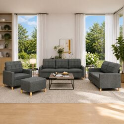 Concise Comfort: 4 Piece Grey Sofa Set with Footstool