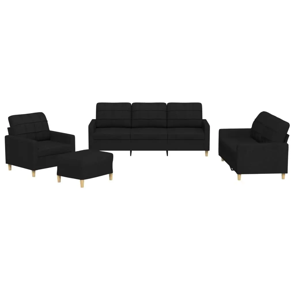 4 Piece Sofa Set Black Fabric Living Room Lounge Suite with Cushions and Footstool