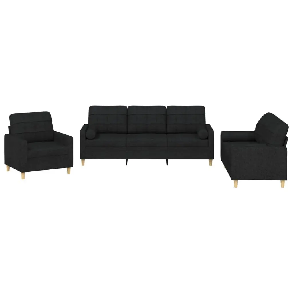 Black Fabric Sectional Sofa Set 3 Piece Living Room with Armrests and Pillows