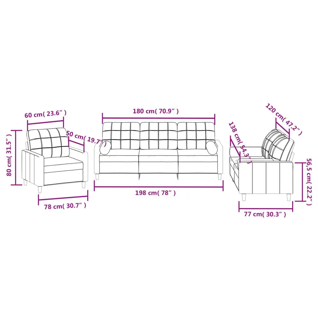 Black Fabric Sectional Sofa Set 3 Piece Living Room with Armrests and Pillows