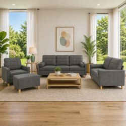 4 Piece Grey Fabric Sofa Set with Cushions and Stool
